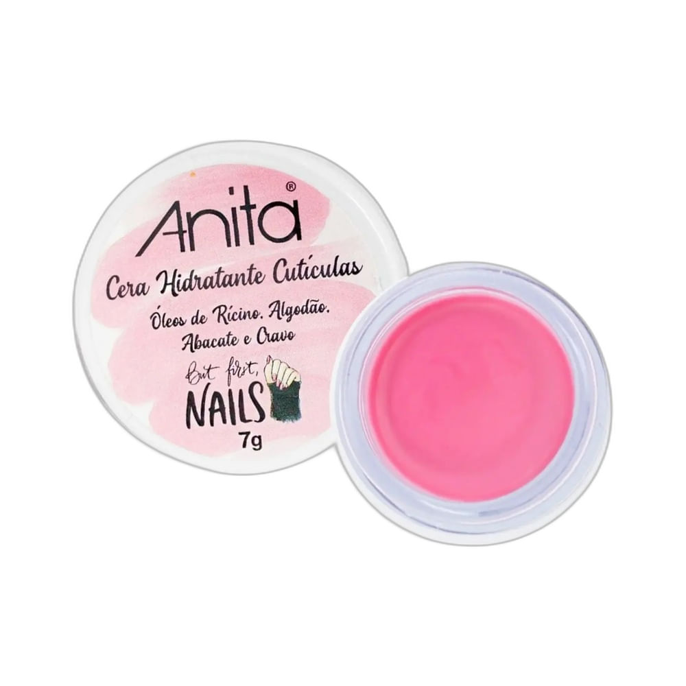 Pote aberto da Cera Hidratante de Cutículas Anita But First Nails mostrando a cera rosa clara